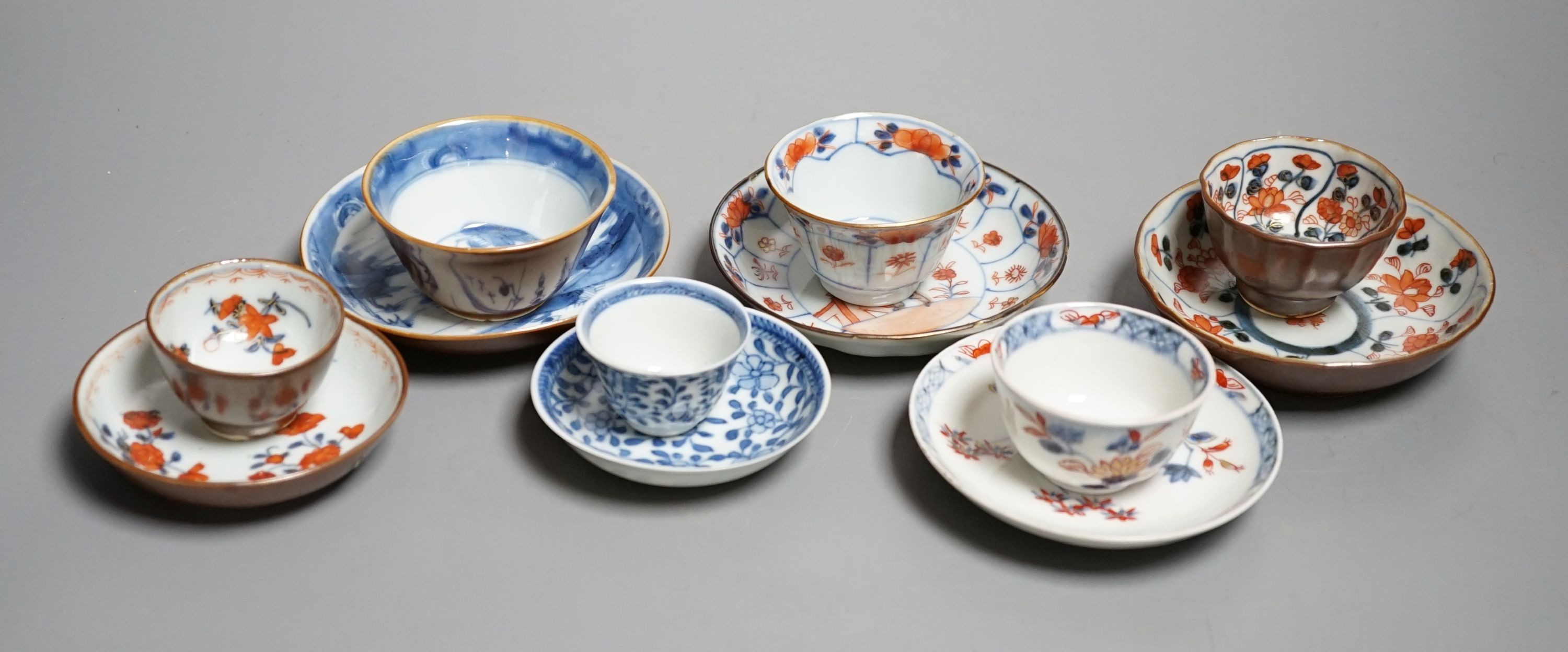 Six Chinese export porcelain teabowls and saucers, Kangxi to early Qianlong period. Provenance - Mona Sattin collection of miniature cups and saucers, collection no.s 310, 317, 324-326 and 328.